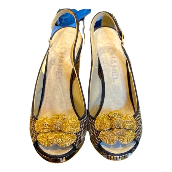 Chanel Metallic Gold/Black Satin - Size 8 - Picture 1 of 6